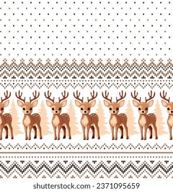 Knitted Christmas and New Year pattern into deer. Wool Knitting Sweater Design. Wallpaper wrapping paper textile print.