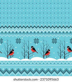 Knitted Christmas and New Year pattern into bullfinch. Wool Knitting Sweater Design. Wallpaper wrapping paper textile print.