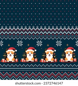 Knitted Christmas and New Year pattern into Corgi dog in a Santa hat. Wool Knitting Sweater Design. Wallpaper wrapping paper textile print.