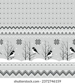 Knitted Christmas and New Year pattern into bullfinch. Wool Knitting Sweater Design. Wallpaper wrapping paper textile print.