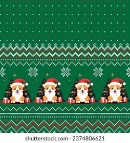 Knitted Christmas and New Year pattern into Corgi dog in a Santa hat. Wool Knitting Sweater Design. Wallpaper wrapping paper textile print.