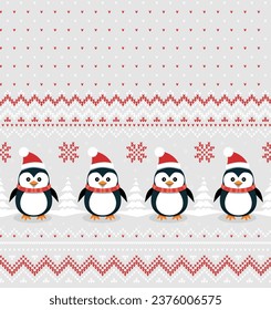 Knitted Christmas and New Year pattern into penguin. Wool Knitting Sweater Design. Wallpaper wrapping paper textile print.