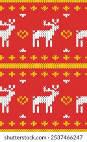 Knitted Christmas and New Year Pattern, Christmas Deer, Santa's Deer. Designed for background, wallpaper, carpet, clothing, knitted pattern, fabric, embroidery, textile