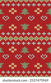 Knitted Christmas and New Year Pattern, Christmas Tree. Designed for background, wallpaper, carpet, clothing, knitted pattern, fabric, embroidery, textile 