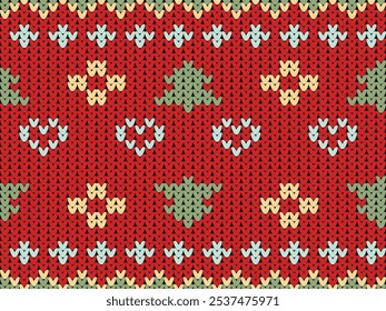 Knitted Christmas and New Year Pattern, Christmas Tree. Designed for background, wallpaper, carpet, clothing, knitted pattern, fabric, embroidery, textile 