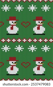 Knitted Christmas and New Year Pattern, Christmas Snowman and Snow. Designed for background, wallpaper, carpet, clothing, knitted pattern, fabric, embroidery, textile