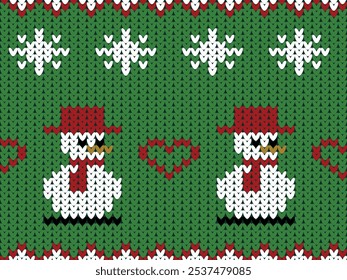 Knitted Christmas and New Year Pattern, Christmas Snowman and Snow. Designed for background, wallpaper, carpet, clothing, knitted pattern, fabric, embroidery, textile