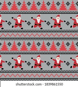 Knitted Christmas and New Year patternin santa claus. Wool Knitting Sweater Design. Wallpaper wrapping paper textile print. Eps 10