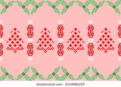 Navidades tejidas y patrón de año Nuevo. Estilo de arte de píxeles. escandinavo nórdico étnico. Invierno geométrico sin costuras. Diseño para suéter, bufanda, edredón, ropa