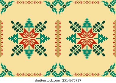 Knitted Christmas and New Year pattern.Pixel art style.scandinavian nordic ethnic.winter geometric seamless.Design for sweater,scarf,comforter,clothes