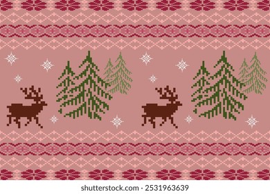 Navidades tejidas y patrón de año Nuevo. Estilo de arte de píxeles. escandinavo nórdico étnico. Invierno geométrico sin costuras. Diseño para suéter, bufanda, edredón, ropa