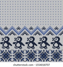 Knitted  Christmas and New Year vector seamless decorative pattern penguins