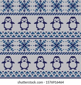 Knitted Christmas or New year vector seamless decorative pattern penguins