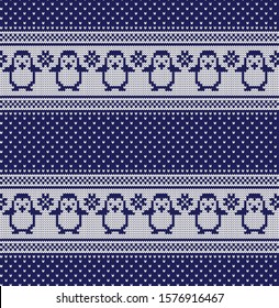 Knitted Christmas or New year vector seamless decorative pattern penguins