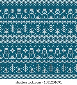Knitted Christmas or New year vector seamless decorative pattern snowman