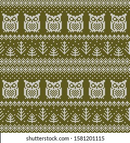 Knitted Christmas or New year vector seamless decorative pattern eagle owls