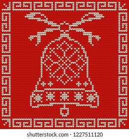 Knitted Christmas pattern with a bell in a frame on a red background. Background, texture, for design, fabrics, ornaments, paper