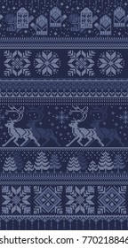 Knitted christmas pattern with deer, snowflakes and mittens