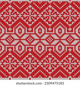 Knitted Christmas pattern. Geometric ornament with snowflakes. Seamless red and white handmade knitted background with words. Nerdy vibe, ugly sweater design element. Nordic xmas decoration