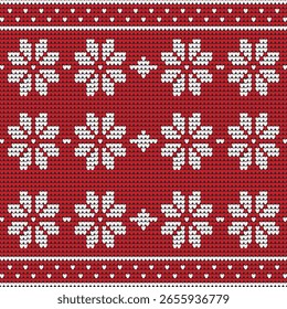 Padrão de Natal tricotado em vermelho com flocos de neve e corações brancos.
