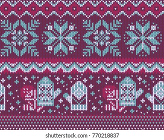Knitted christmas pattern with snowflakes and mittens