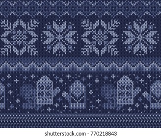 Knitted christmas pattern with snowflakes and mittens