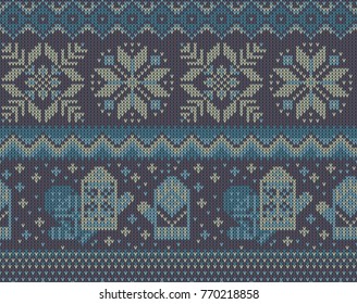 Knitted christmas pattern with snowflakes and mittens