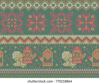 Knitted christmas pattern with snowflakes and mittens