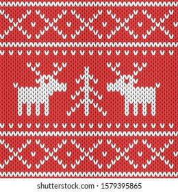 Knitted Christmas pattern. Wool festive sweater with Reindeer. Design template. Knitted geometric background. Fashion knitwear. Seamless knitting fabric texture. Vector illustration