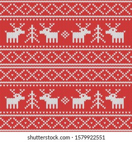 Knitted Christmas pattern. Wool festive sweater with Reindeer. Design template. Knitted geometric background. Fashion knitwear. Seamless knitting fabric texture. Vector illustration