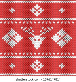 Knitted Christmas pattern. Wool festive sweater with Reindeer. Design template. Knitted geometric background. Fashion knitwear. Seamless knitting fabric texture. Vector illustration