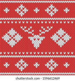 Knitted Christmas pattern. Wool festive sweater with Reindeer. Design template. Knitted geometric background. Fashion knitwear. Seamless knitting fabric texture. Vector illustration