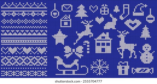 Knitted Christmas patterns and symbols vector illustrations set on blue background. Traditional New Year holiday design elements collection