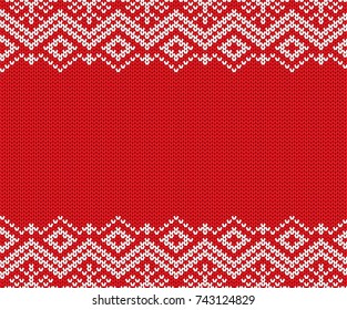 Knitted christmas red and white geometric ornament. Xmas knit winter sweater texture design. Vector illustration.