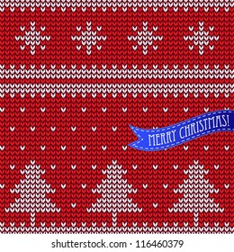 Knitted Christmas seamless background, white on red.