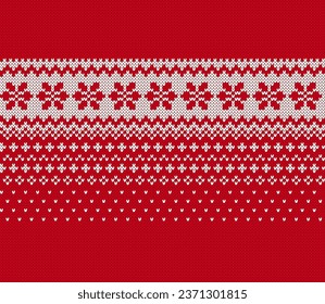 Knitted Christmas seamless pattern. Fair isle traditional ornament. Red knitted texture. Xmas print with snowflakes ornament border. Holiday background. Festive sweater. Vector illustration.