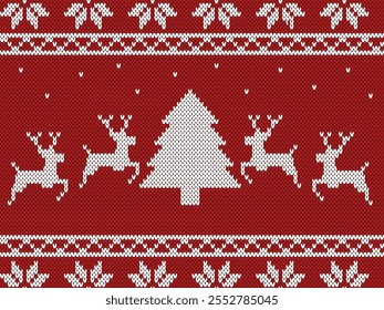 knitted Christmas seamless pattern. red knitted texture with snowflakes, christmas tree and deer.