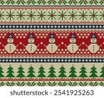 Knitted Christmas seamless pattern. Sweater texture or jumper with snow man, Xmas trees, snowflakes. Winter holiday vector illustration.