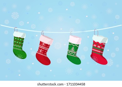 Knitted Christmas socks hang on a garland. Snow background for new year and Christmas greetings. Vector illustration in a flat cartoon style.