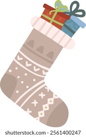 Knitted Christmas stocking adorned with nordic ornaments, filled with beautifully wrapped gifts tied with ribbons and bows, capturing the joy and warmth of winter holiday celebrations