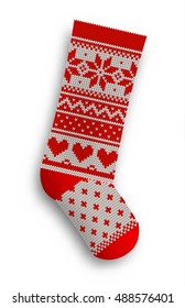 knitted christmas stocking with red patterns on white background, vector illustration, eps 10 with transparency and gradiennt meshes