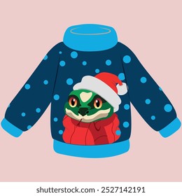 Knitted Christmas sweater with animal print in Santa hat. Vector drawing.