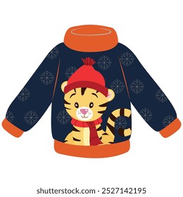 Knitted Christmas sweater with animal print in Santa hat. Vector drawing.