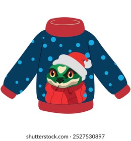 Knitted Christmas sweater with animal print in Santa hat. Vector drawing.