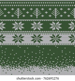 Knitted Christmas sweater pattern with deers, fir-trees, snowflakes. Winter fabric background. Stock vector