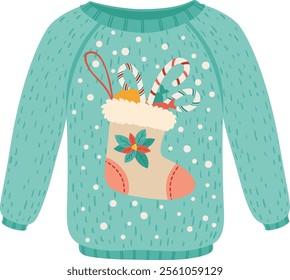 Knitted christmas sweater with a stocking full of gifts and candy canes, creating a cozy and festive atmosphere perfect for celebrating winter holidays