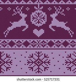 Knitted christmas texture, seamless vector pattern with deer, heart, snowflakes and christmas tree ball.
