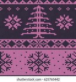 Knitted christmas texture, seamless vector pattern with christmas tree and snowflakes..