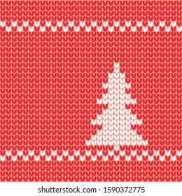 Knitted Christmas tree white on red background. Knitted Christmas pattern element