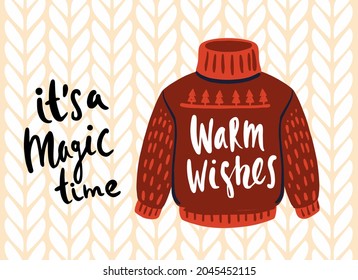 Knitted Christmas ugly sweater card. Funny holiday clothes
